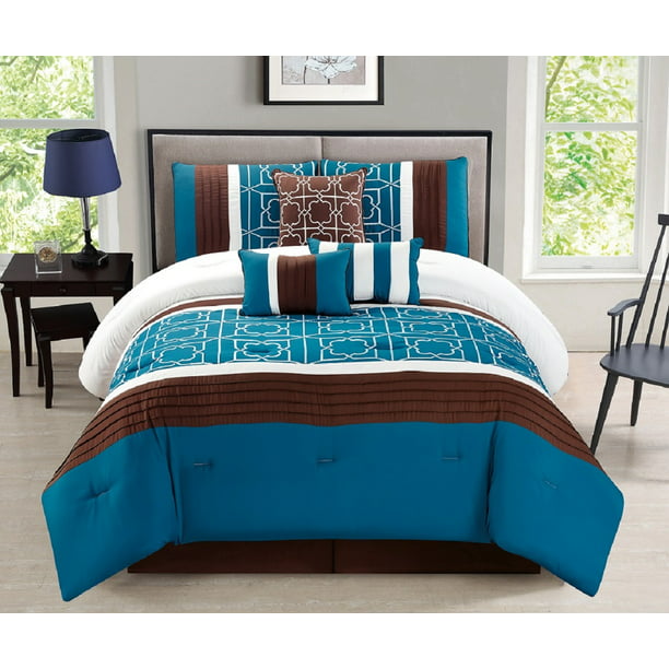 Luxury Fancy Embroidery Comforter Set 7 PC Bedding Set Elegant Turquoise Brown. 